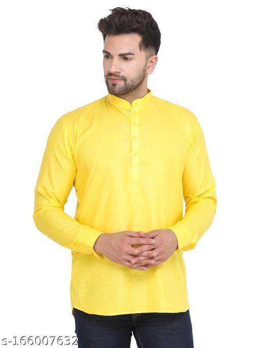 Cotton Blend Solid Short Kurta for Men (Yellow, S)