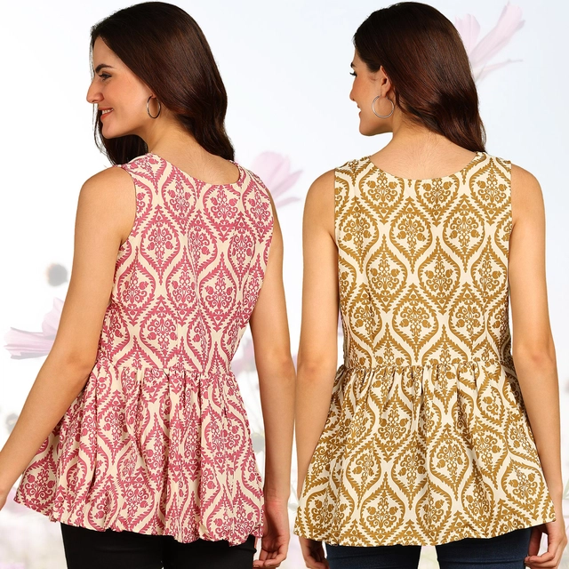 Rayon Printed Flared Top for Women (Pink & Gold, S) (Pack of 2)