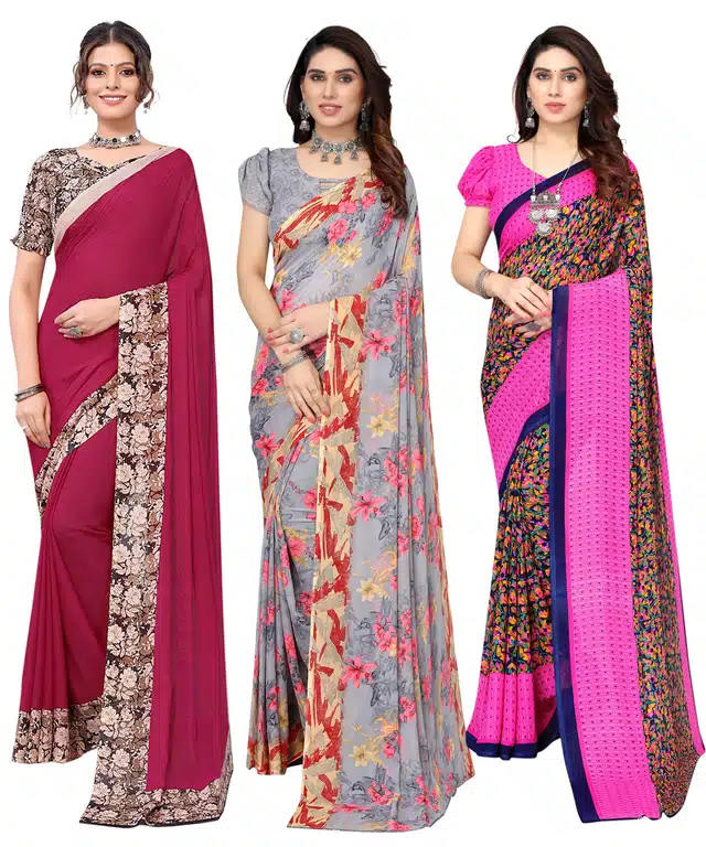 Women's Designer Floral Printed Saree with Blouse Piece (Pack of 3) (Multicolor) (SD-61)