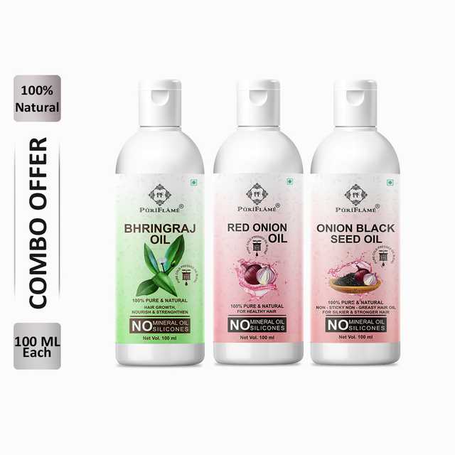 PuriFlame Pure Bhringraj Oil (100 ml) & Red Onion Oil (100 ml) & Onionblackseed Oil (100 ml) Combo For Rapid Hair Growth (Pack Of 3) (B-2876)