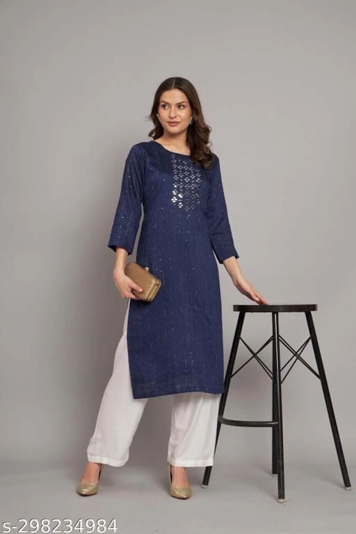 Cotton Embellished Kurti for Women (Navy Blue, M)