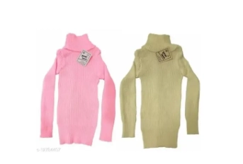 Woolen Solid High Neck Sweaters for Girls (Pink & Beige, 0-01 Years) (Pack of 2)