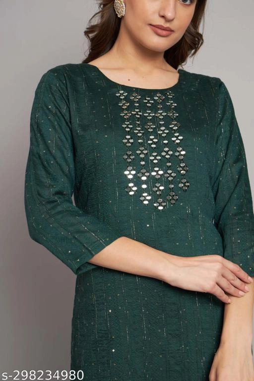 Cotton Embellished Kurti for Women (Bottle Green, M)