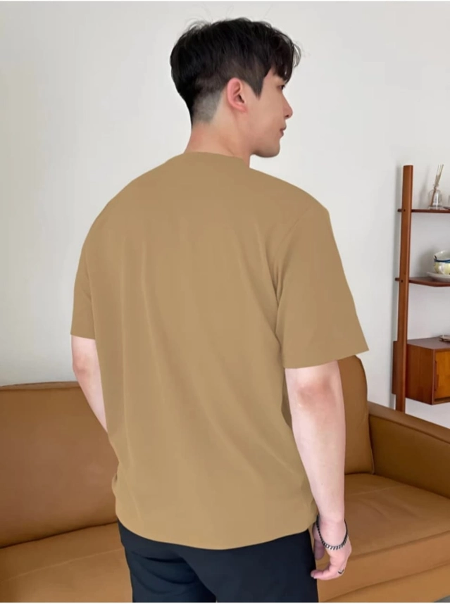 Round Neck Solid T-Shirt for Men (Beige,M)