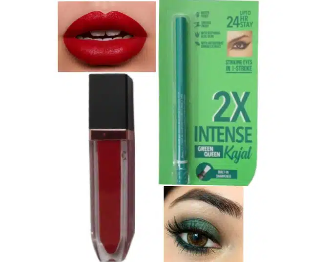 Matte Lip Gloss with Waterproof Kajal  (Red & Green, Set of 2)