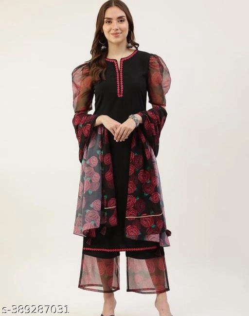 Organza Solid Kurti with Pant & Dupatta for Women (Black & Red, XS)