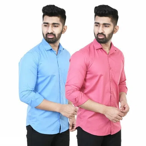 Men's Solid Shirt (Pack of 2) (Aqua Blue & Pink, L) (ME-30)