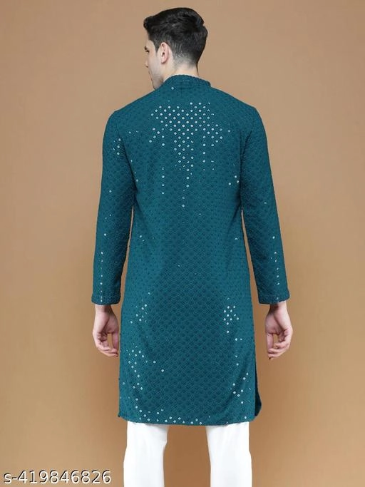 Viscose Embroidered Kurta for Men (M, Teal)