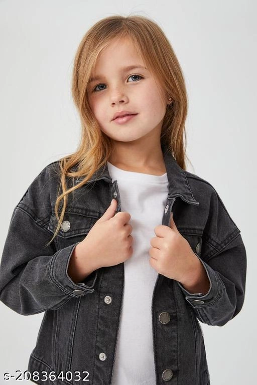 Denim Solid Jacket for Girls (Black, 5-6 Years)