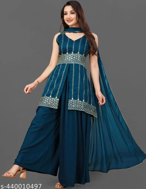 Rayon Embroidered Kurti with Sharara & Dupatta for Women (Teal, S)