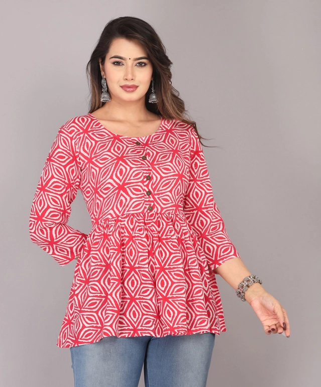 Viscose Rayon Printed Short Kurti for Women (Red, XS)