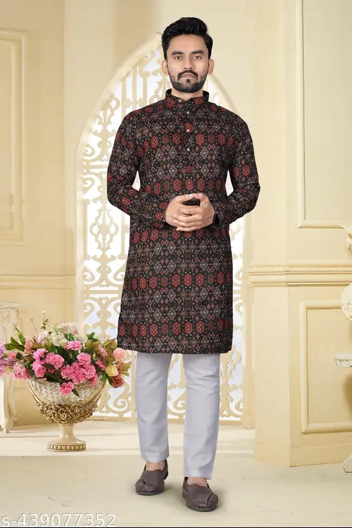 Cotton Ethnic Motif Kurta for Men (Multicolor, S)