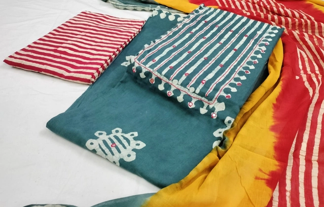 Cotton Original Bagro Batik Unstitched Suit Fabric with Dupatta for Women (Teal, 2.25 m)