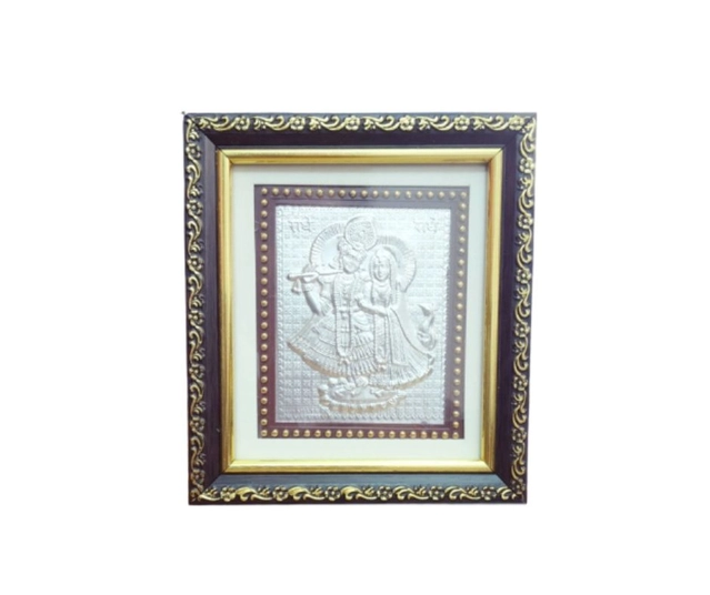 Wooden Shri Radha Krishna Lilver Photo Frame for Puja (Multicolor, 5x5 inches)