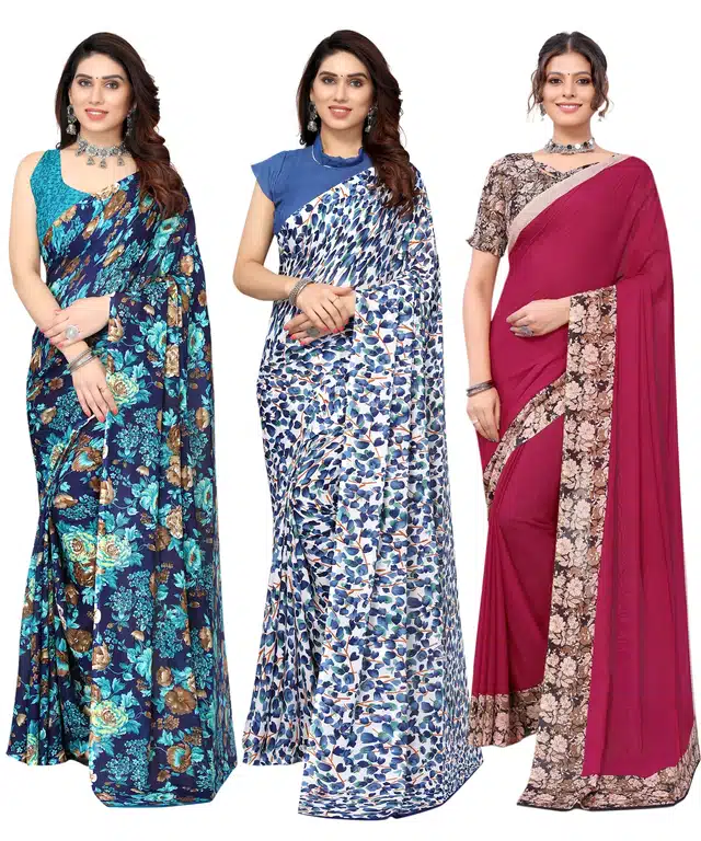 Women's Designer Floral Printed Saree with Blouse Piece (Pack of 3) (Multicolor) (SD-141)