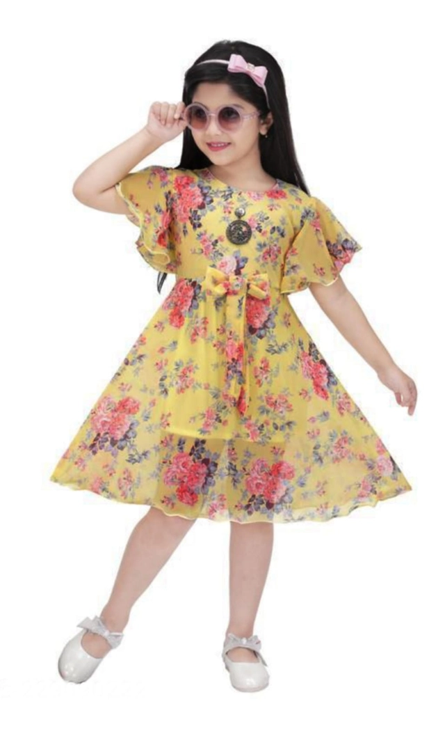 Georgette Printed Frock for Girls (Yellow & Pink, 3-4 Years)