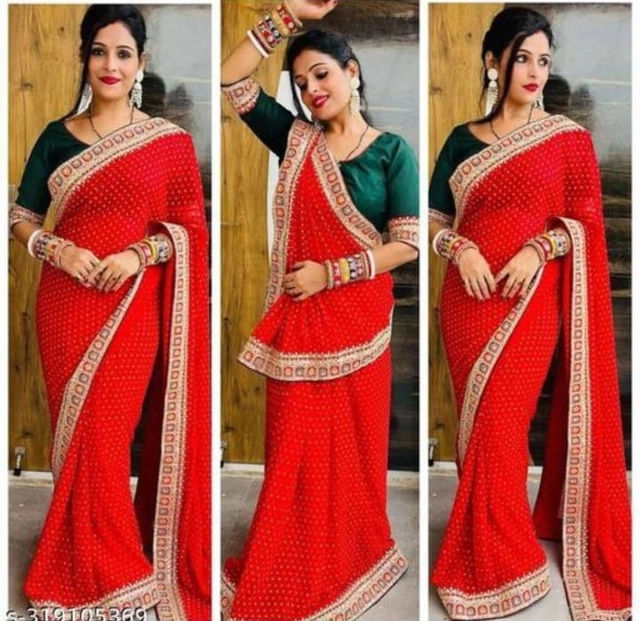 Georgette Embroidered Saree for Women (Red, 6 m)