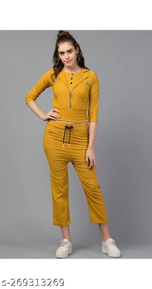 Cotton Blend Solid Top & Bottom Set for Women (Yellow, L)