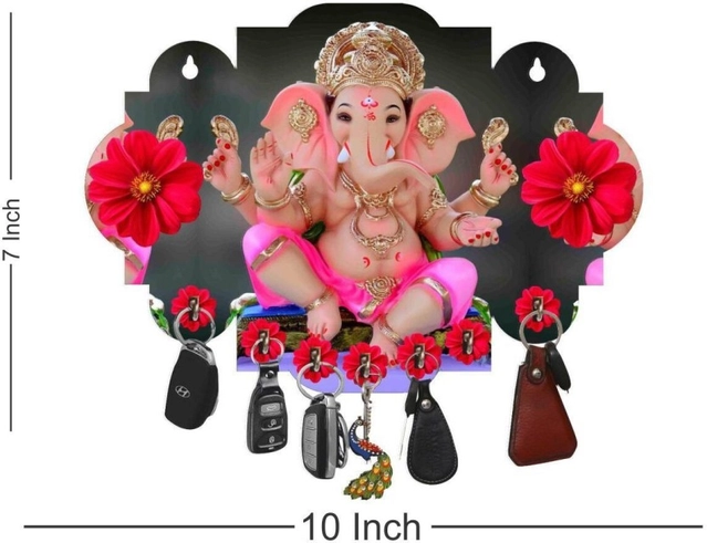 Khatu Crafts Pink Dhoti Ganesh Wood Key Holder (7 Hooks, Multicolor)