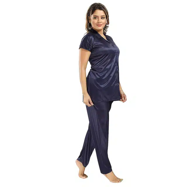 Satin T-Shirt with Trouser Nightsuit Set for Women (Navy Blue, M)