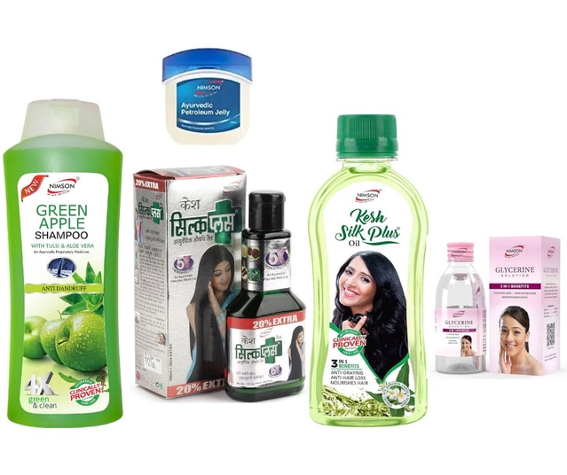 Combo of Nimson Kesh Silk Plus Herbal Hair Oil (450 ml), Kesh Silk Plus Ayurvedic Hair Oil (120 ml), Green Apple Shampoo (500 ml), Glycerine (50 g) & Petroleum Jelly (42 ml) (Set of 5)