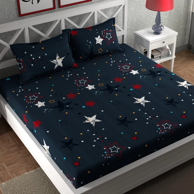 CG Homes 180 TC Fitted Elastic Double Printed Bedsheet With 2 Pillow Cover Cotton (Blue Star)