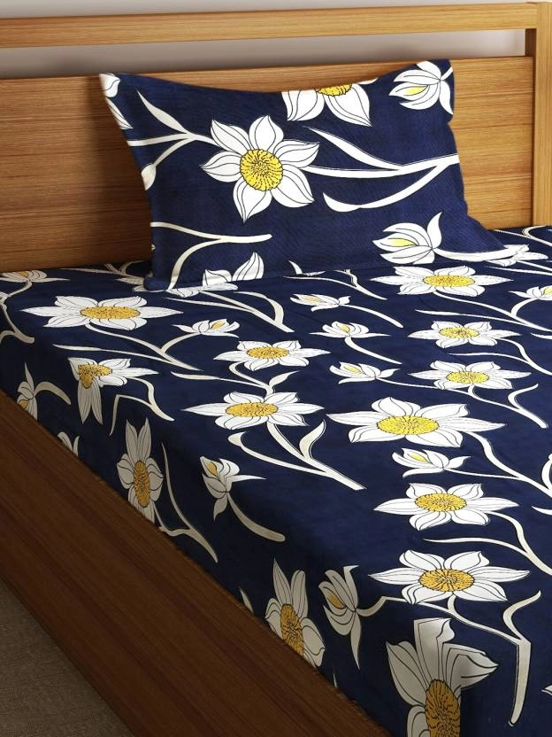 CG Homes Fitted Single Bedsheet With 1 Pillow Covers Cotton (60 X 90, Blue Floral)