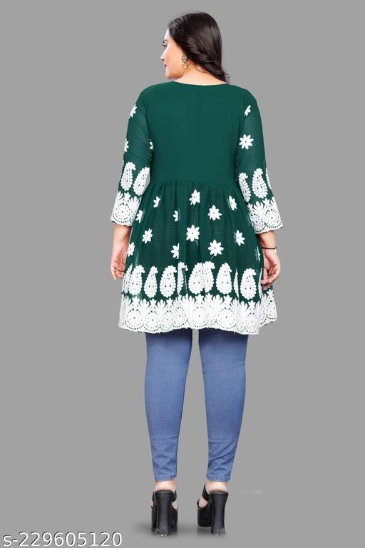 Georgette Chikankari Top for Women (Bottle Green, XL)