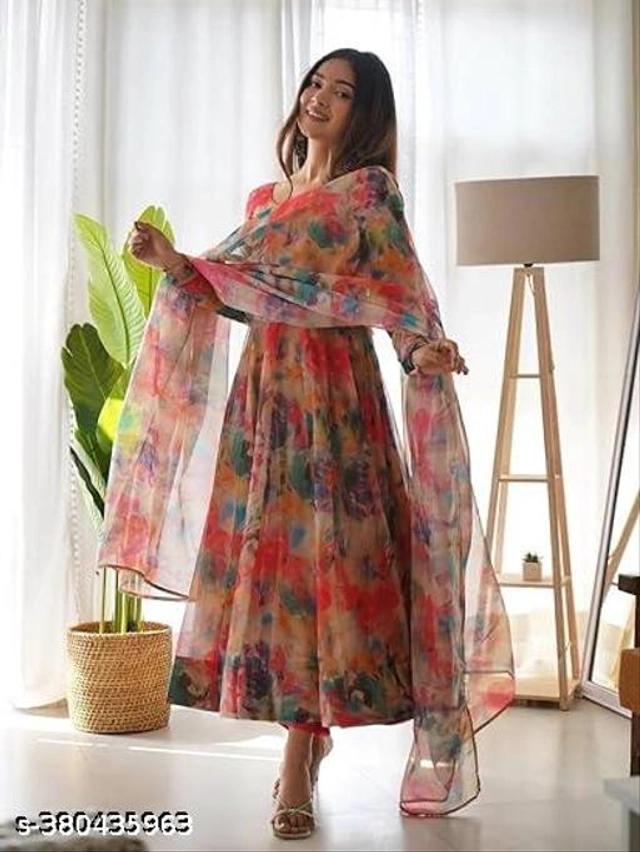 Soft Silk Printed Gown with Dupatta for Women (Multicolor, S)