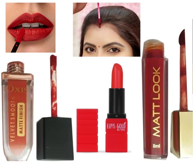 Combo of Matt Look Liquid Sindoor & Elpis Gold Matte Lipstick with Oxis Velvet Smooth Matte Finish Liquid Lip Color (Multicolor, Set of 3)