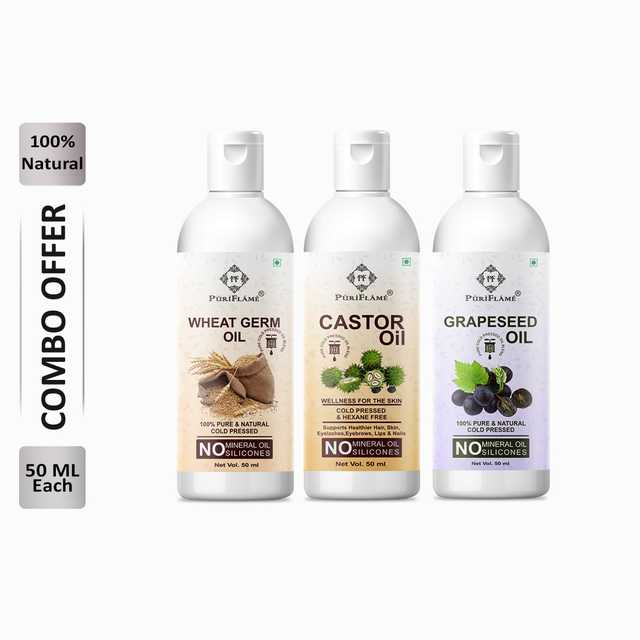 Puriflame Pure Wheat Germ Oil (50 ml), Castor Oil (50 ml) & Grapeseed Oil (50 ml) Combo for Rapid Hair Growth (Pack Of 3) (B-14194)