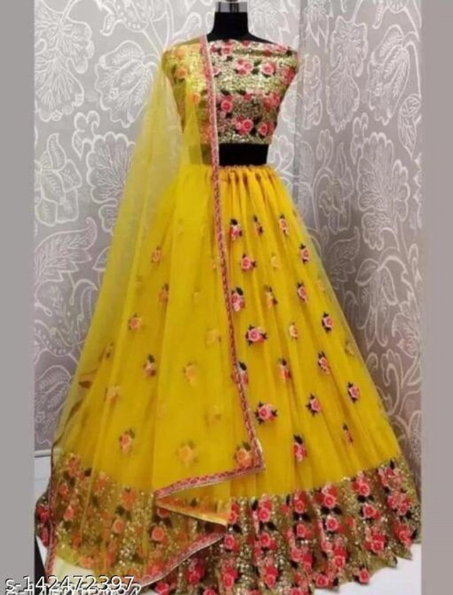 Net Lehenga with Choli & Dupatta for Women (Yellowfor)