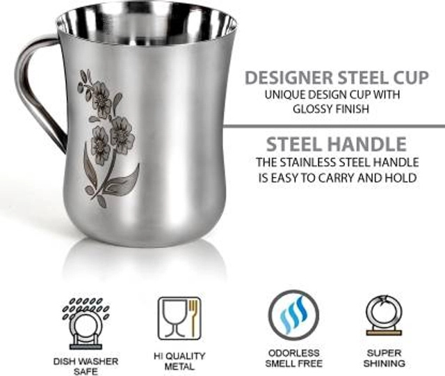 LEROYAL Stainless Steel Floral Design Print Coffee and Tea Cup  (Silver, Pack of 6)