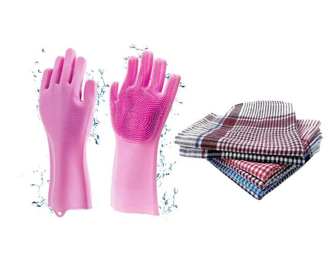 Customized Hunt Magic Silicone Dish Washing And Pet Grooming Gloves With Kitchen Cloth (7 Pc) (A-13)