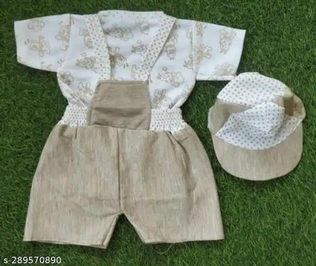 Dungaree Set with T-Shirt & Cap for Newborn Baby Boy (White & Brown, 0-3 Months)