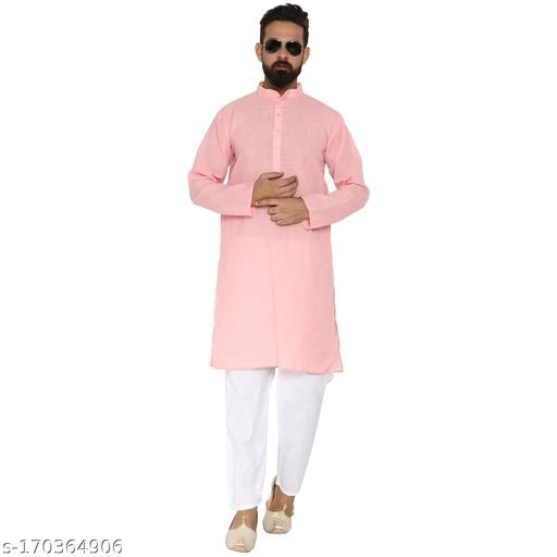 Cotton Blend Solid Kurta with Pyjama for Men (Pink & White, S)