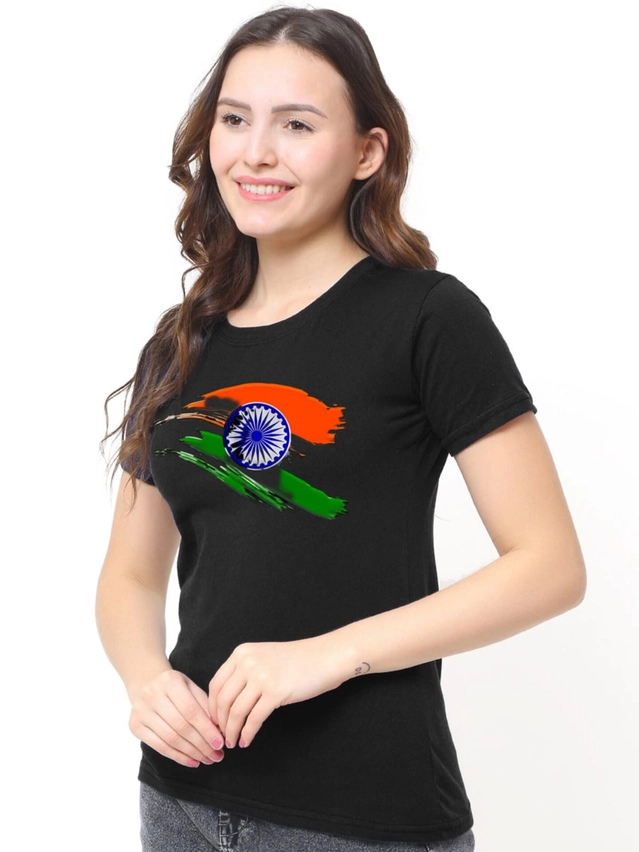 Cotton Round Neck Independence Day Printed T-Shirt for Women  (Black, S )