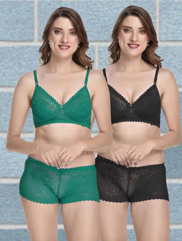 Women's Bra and Panty Set (Green & Black, 34) (Set of 2) (F-2066)