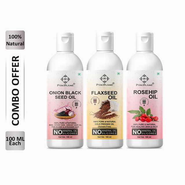 PuriFlame Pure Onionblackseed Oil (100 ml) & Flaxseed Oil (100 ml) & Rosehip Oil (100 ml) Combo For Rapid Hair Growth (Pack Of 3) (B-6512)