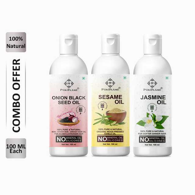 PuriFlame Pure Onionblackseed Oil (100 ml) & Sesame Oil (100 ml) & Jasmine Oil (100 ml) Combo For Rapid Hair Growth (Pack Of 3) (B-6669)