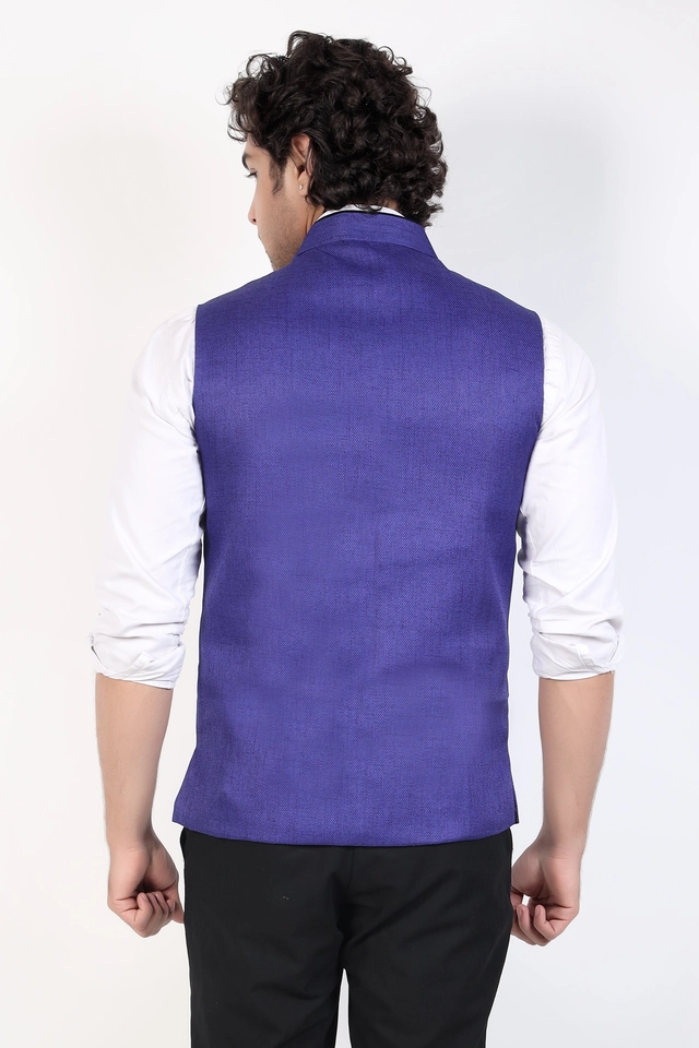 Jute Khadi Solid Waistcoat for Men (Blue, M)