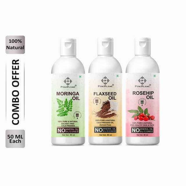 Puriflame Pure Moringa Oil (50 ml), Flaxseed Oil (50 ml) & Rosehip Oil (50 ml) Combo for Rapid Hair Growth (Pack of 3) (B-11787)