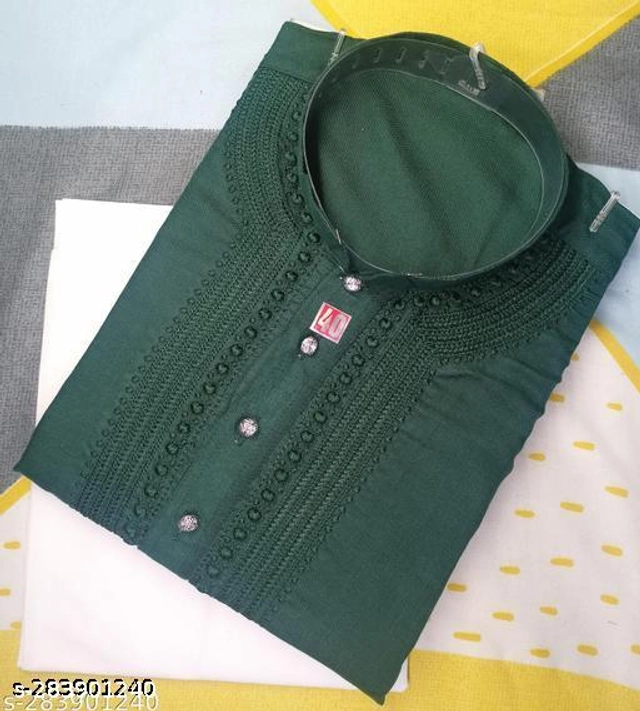 Cotton Embroidered Kurta with Pyjama for Men (Bottle Green & White, M)