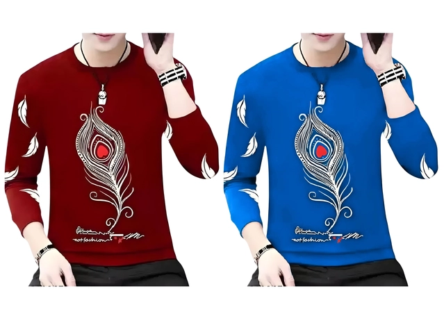 Round Neck Printed T-Shirts for Men (Blue & Maroon, S) (Pack of 2)