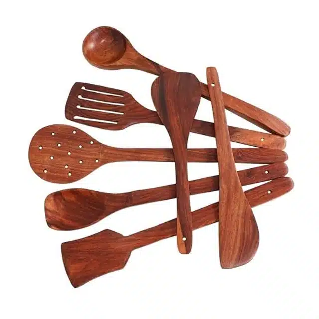 Wooden Cooking & Serving Spoons (Brown, Set of 7)