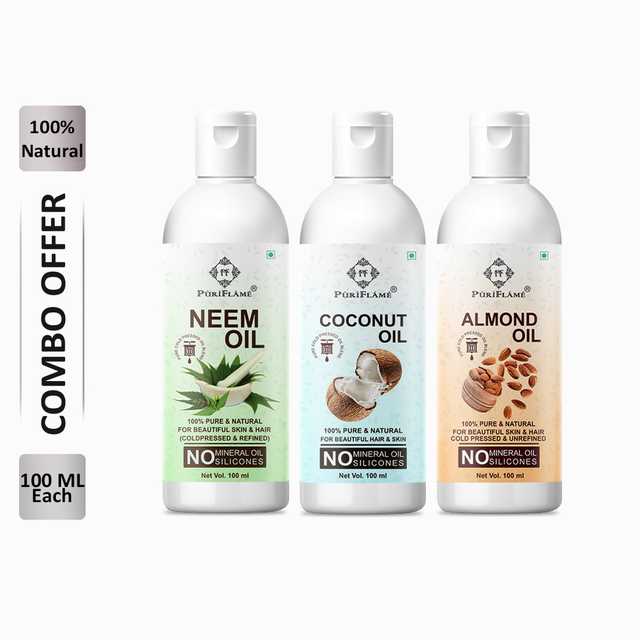 PuriFlame Pure Neem Oil (100 ml) & Coconut Oil (100 ml) & Almond Oil (100 ml) Combo For Rapid Hair Growth (Pack Of 3) (B-5796)