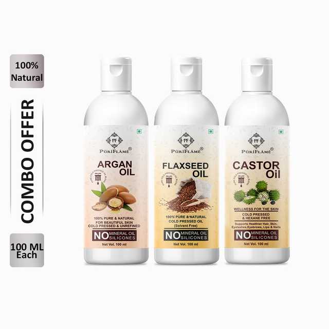PuriFlame Pure Argan Oil (100 ml) & Flaxseed Oil (100 ml) & Castor Oil (100 ml) Combo For Rapid Hair Growth (Pack Of 3) (B-2039)