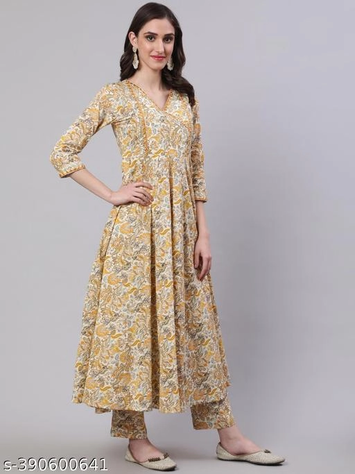 Cotton Printed Anarkali Kurti with Pant & Dupatta for Women (Yellow, S)