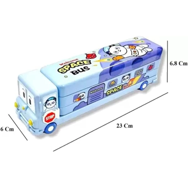 MINDFIT RVN Cartoon Printed Bus Geometry Box Double Compartment Metal Body Pencil Case Pen Pencil Holder with Sharpener and Moving Tyres Like Bus (Pack of 1)