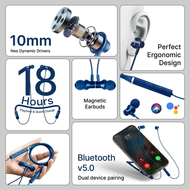 Rechargeable Wireless Bluetooth in-Ear Neckband (Blue)